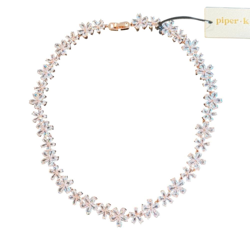 VIRAL Piper K Rose Gold Cubic Zirconia Floral Tennis Necklace NWT